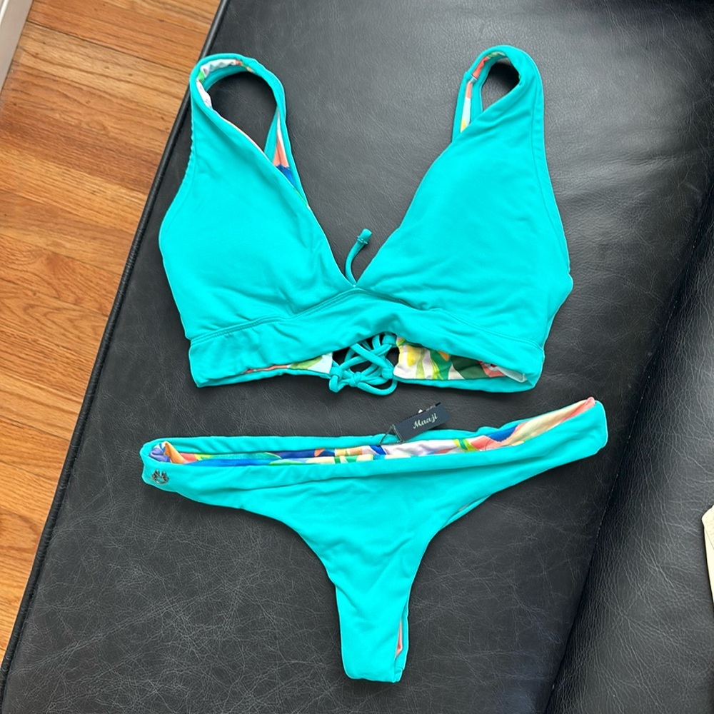 Maaji Reversible Cheeky Thong Bikini Top and Bottoms Teal and Floral Size Small